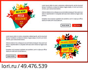 Mega discount buy now posters set. Autumn sale offers on natural products. Seasonal decrease in cost propositions and promotions in autumn vector. Mega Discount Buy Now Poster Vector Illustration. Стоковая иллюстрация, агентство Ingram Publishing / Фотобанк Лори