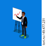 Businessman isometric person near mark board with diagram or scheme poster. Vector presenter manager or director in casual suit with project on flipchart.. Office Worker with Plan on Board Isometric Vector. Стоковая иллюстрация, агентство Ingram Publishing / Фотобанк Лори