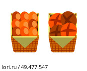 Bread and buns showcase of bakery shop market vector. Isolated icons of baked rolls and loaves made of wheat flavour. Fresh food in grocery store. Bread and Buns Showcase of Bakery Shop Market. Стоковая иллюстрация, агентство Ingram Publishing / Фотобанк Лори
