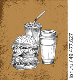 Refreshing ice drink in disposable glass with straw, coffee or tea paper cup and large burger. Takeaway fast food sketch illustration on vintage tint.. Refreshing Drinks and Big Burger Illustration. Стоковая иллюстрация, агентство Ingram Publishing / Фотобанк Лори
