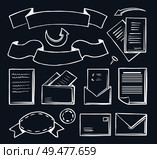 Office banner and message envelope set of isolated icons vector. Monochrome sketches outline, arrows and pages, papers and pin for items fixation. Office Banner and Message Envelope Set Vector. Стоковая иллюстрация, агентство Ingram Publishing / Фотобанк Лори