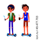 Boy and girl riding on segway personal transporter, gyroboard or geroscooter, active teenagers. Autonomous scooter two-wheeled self-balancing transport. Boy and Girl Riding on Segway Personal Transporter. Стоковая иллюстрация, агентство Ingram Publishing / Фотобанк Лори