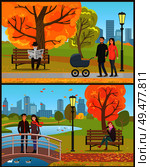 Couple standing on bridge and feeding geese birds set vector. Pensioner reading daily newspaper, family mother and father with perambulator in park. Couple Standing on Bridge and Feeding Birds Vector. Стоковая иллюстрация, агентство Ingram Publishing / Фотобанк Лори