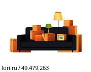 Box carton parcels and packs, sofa and standing lamp vector. Torchiere and couch, cardboard paper packages for transportation of personal belongings. Box Carton Parcels Packs with Sofa and Lamp Vector. Стоковая иллюстрация, агентство Ingram Publishing / Фотобанк Лори