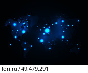 Illuminated world map with glowing dots vector on dark blue. Futuristic illumination of Earth continents, worldwide connection and globalization concept. Illuminated World Map with Glowing Dots Vector. Стоковая иллюстрация, агентство Ingram Publishing / Фотобанк Лори