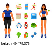 Woman sportive and fat lady. Isolated icons set with person transforming body, eating vegetables and fruits. Workouts and training exercises vector. Woman Sportive and Fat Lady Vector Illustration. Стоковая иллюстрация, агентство Ingram Publishing / Фотобанк Лори