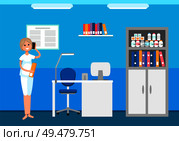 Veterinary clinic, animals hospital, woman receptionist talking on phone appointing meetings vector. Interior of doctor room with bottles medicaments. Veterinary Hospital, Woman Receptionist Talking. Стоковая иллюстрация, агентство Ingram Publishing / Фотобанк Лори