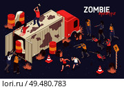 Isometric zombie apocalypse horizontal background composition with human character on truck fighting army of scary zombies vector illustration . Isometric Zombie Struggle Background. Стоковая иллюстрация, агентство Ingram Publishing / Фотобанк Лори