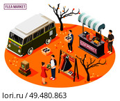Isometric composition with people doing shopping at outdoor flea market 3d vector illustration. Flea Market Isometric Composition. Стоковая иллюстрация, агентство Ingram Publishing / Фотобанк Лори