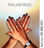 Beautiful female hands with fashionable jewelry silver phalanx rings and watch realistic vector illustration. Jewelry Realistic Illustration. Стоковая иллюстрация, агентство Ingram Publishing / Фотобанк Лори
