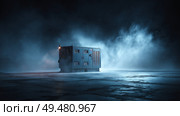 Industrial generator in foggy nighttime setting with dramatic lighting. Стоковое AI-изображение, AI-художник Olga Didraga / Фотобанк Лори