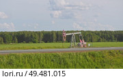 old pumpjack is located on edge of forest, in middle of lush green field. The rig is extracting oil from deep underground. Стоковое видео, видеограф Strunov David / Фотобанк Лори