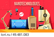 Nanotechnologies horizontal vector illustration with elements of modern devices used in genetic engineering and scientific research. Nanotechnologies Horizontal Illustration. Стоковая иллюстрация, агентство Ingram Publishing / Фотобанк Лори