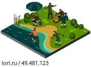 Fishing tourism isometric composition with fishers near bonfire and during catching on bank river vector illustration . Fishing Tourism Isometric Composition. Стоковая иллюстрация, агентство Ingram Publishing / Фотобанк Лори