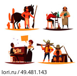Cowboy design concept with flat human characters of various persons in different situations with cartoon pictograms vector illustration. Wild West Design Concept. Стоковая иллюстрация, агентство Ingram Publishing / Фотобанк Лори