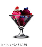 Ice cream in glass bowl realistic composition with fresh berries and violet scoops of icecream vector illustration. Berry Ice Cream Composition. Стоковая иллюстрация, агентство Ingram Publishing / Фотобанк Лори