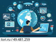 A person is sitting at a desk with a laptop open in front of them, focusing on a globe placed on the desk. Стоковое AI-изображение, AI-художник Данила Большаков / Фотобанк Лори