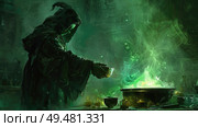 A cloaked sorcerer casts a spell over a bubbling cauldron, emitting a luminous green aura in the twilight of an ethereal woodland. Стоковое AI-изображение, AI-художник Данила Большаков / Фотобанк Лори