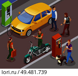 Gas stations refills isometric composition with gasoline filling columns for cars and motorbikes with people characters vector illustration. Street Petrol Station Composition. Стоковая иллюстрация, агентство Ingram Publishing / Фотобанк Лори