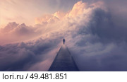 A person standing on a wooden pier extending into a sea of clouds, surrounded by mist and fog. Стоковое AI-изображение, AI-художник Данила Большаков / Фотобанк Лори