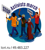 Activists march round design concept with group of of protesters holding placards and megaphone isometric vector illustration. Стоковая иллюстрация, агентство Ingram Publishing / Фотобанк Лори