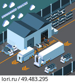 Autonomous car driverless vehicle robotic transport isometric composition with unmanned trucks being loaded by warehouse workers vector illustration. Стоковая иллюстрация, агентство Ingram Publishing / Фотобанк Лори