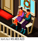 Cozy winter christmas background with young couple sitting on veranda and warming up with hot drink isometric vector illustration. Стоковая иллюстрация, агентство Ingram Publishing / Фотобанк Лори
