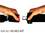 Hands holding unblocked seat belt on white background realistic vector illustration. Стоковая иллюстрация, агентство Ingram Publishing / Фотобанк Лори