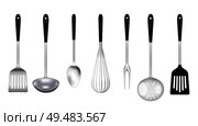 Kitchen stainless steel tools realistic set with cooking fork slotted turner skimmer ladle whisk isolated vector illustration. Стоковая иллюстрация, агентство Ingram Publishing / Фотобанк Лори