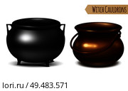 Two decorative witch cauldrons metal pots black and bronze with arc shaped hanger  realistic image vector illustration. Стоковая иллюстрация, агентство Ingram Publishing / Фотобанк Лори