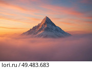 Minimalism in landscape. Mountain top above clouds during beautiful sunset. Стоковое AI-изображение, AI-художник Анастасия / Фотобанк Лори