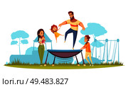 Family active holidays father with daughter during jumping on trampoline mom with kids as spectators vector illustration. Стоковая иллюстрация, агентство Ingram Publishing / Фотобанк Лори