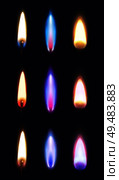 Realistic flames of various shape and color of matches lighters and candles dark background isolated vector illustration. Стоковая иллюстрация, агентство Ingram Publishing / Фотобанк Лори