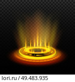 Realistic circular magic portal with yellow light streams and sparkles on dark transparent background vector illustration. Стоковая иллюстрация, агентство Ingram Publishing / Фотобанк Лори