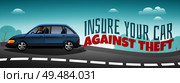 Auto insurance covering theft colorful horizontal poster with car speeding down road and warning text vector illustration. Стоковая иллюстрация, агентство Ingram Publishing / Фотобанк Лори