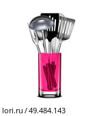 Kitchen stainless steel tools in pink transparent jar realistic image with ladle whisk slotted spatula vector illustration. Стоковая иллюстрация, агентство Ingram Publishing / Фотобанк Лори