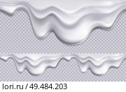 Two borders with pattern composed of white yogurt or ice cream drips on transparent background seamless vector illustration. Стоковая иллюстрация, агентство Ingram Publishing / Фотобанк Лори
