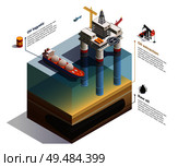 Raw oil undersea deposits extraction infographic isometric composition with drilling rig platform and transportation tanker vector illustration. Стоковая иллюстрация, агентство Ingram Publishing / Фотобанк Лори