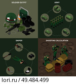 Army 2x2 design concept set of sniper soldier outfit shooting calculation square icons isometric vector illustration. Стоковая иллюстрация, агентство Ingram Publishing / Фотобанк Лори