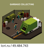 Colored and isometric garbage recycling composition with garbage collecting and workers scavengers vector illustration. Стоковая иллюстрация, агентство Ingram Publishing / Фотобанк Лори