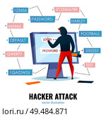 Hacker password composition with hacker attack headline and man makes password guessing vector illustration. Стоковая иллюстрация, агентство Ingram Publishing / Фотобанк Лори