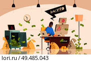 Hacker computers composition with man in mask sits in room and steals information using a computer vector illustration. Стоковая иллюстрация, агентство Ingram Publishing / Фотобанк Лори