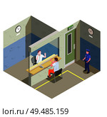 Jail isometric composition with non contact telephone visitation glass partition and watching prison security guard vector illustration. Стоковая иллюстрация, агентство Ingram Publishing / Фотобанк Лори