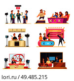 Television game show 6 cartoon compositions with hosts contestants solving puzzles answering questions singer jury vector illustration. Стоковая иллюстрация, агентство Ingram Publishing / Фотобанк Лори