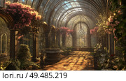 Grand glass conservatory filled with vibrant plants and golden architectural details. Стоковое AI-изображение, AI-художник Михаил Коханчиков / Фотобанк Лори