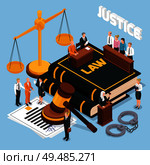 Law justice jury trial legal court proceedings isometric composition with gavel balance defendant judge police vector illustration. Стоковая иллюстрация, агентство Ingram Publishing / Фотобанк Лори