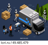 Robotic delivery system isometric composition with cute fully automated humanoids loading and unloading unmanned truck vector illustration. Стоковая иллюстрация, агентство Ingram Publishing / Фотобанк Лори