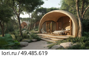 Beautiful eco resort with a modern geodesic dome glamping tent. Стоковое AI-изображение, AI-художник Михаил Коханчиков / Фотобанк Лори