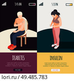 Diabetes isometric banners with male and female patients giving himself shot of insulin vector illustration. Стоковая иллюстрация, агентство Ingram Publishing / Фотобанк Лори