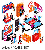 Isometric banned website prohibition set of isolated conceptual images with electronic devices pictogram icons and people vector illustration. Blocked Website Isometric Set. Стоковая иллюстрация, агентство Ingram Publishing / Фотобанк Лори